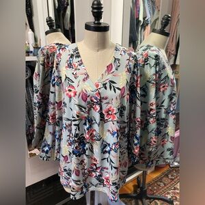 Massini - Pastel Floral Print 3/4 Sleeve Popover Top, Size Large